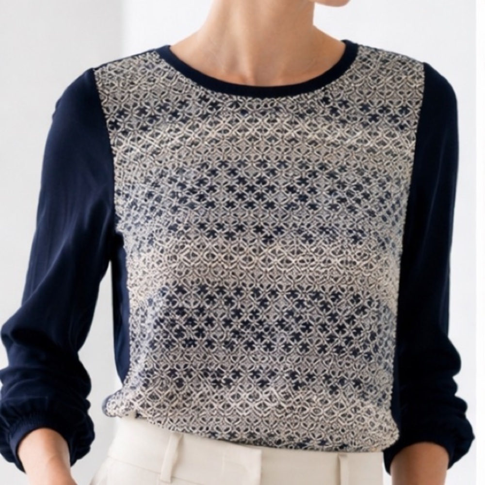 Diane Von Furstenberg 100% Silk Colorblock Blouse Navy & Ivory Size 6